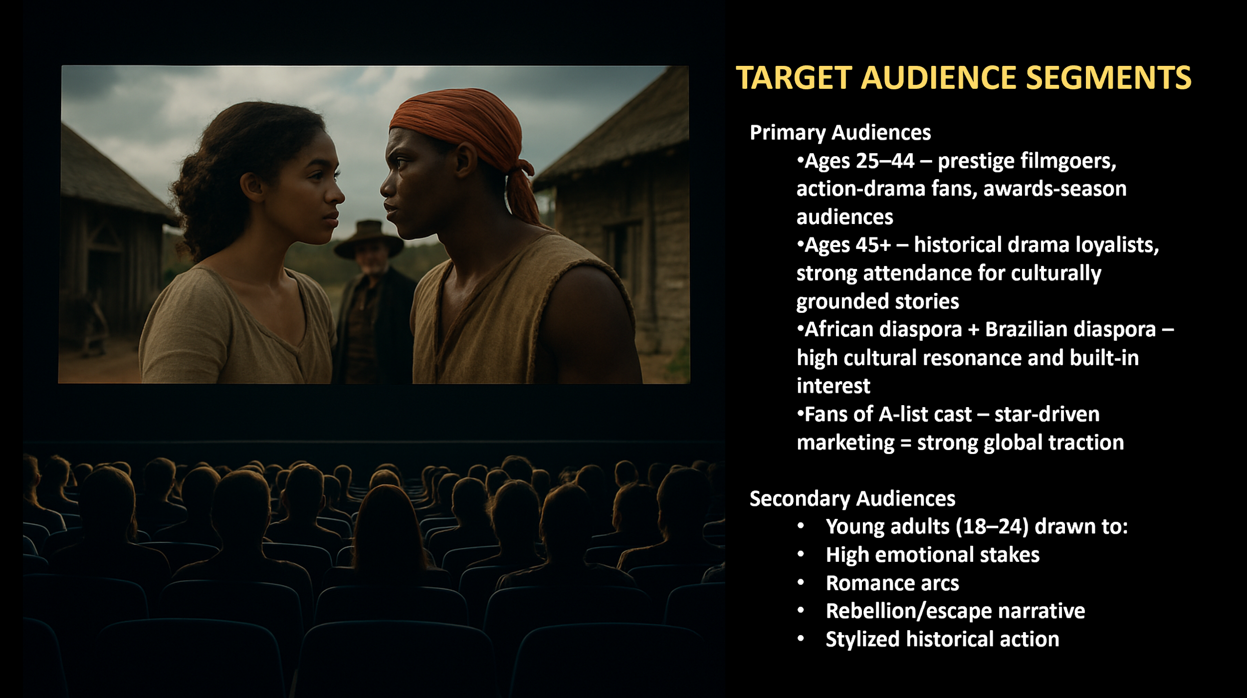 Scene from a movie theater showing a film with two women facing each other closely, one wearing a headwrap, with audience members watching in the foreground and a presenter slide with target audience information on the right.