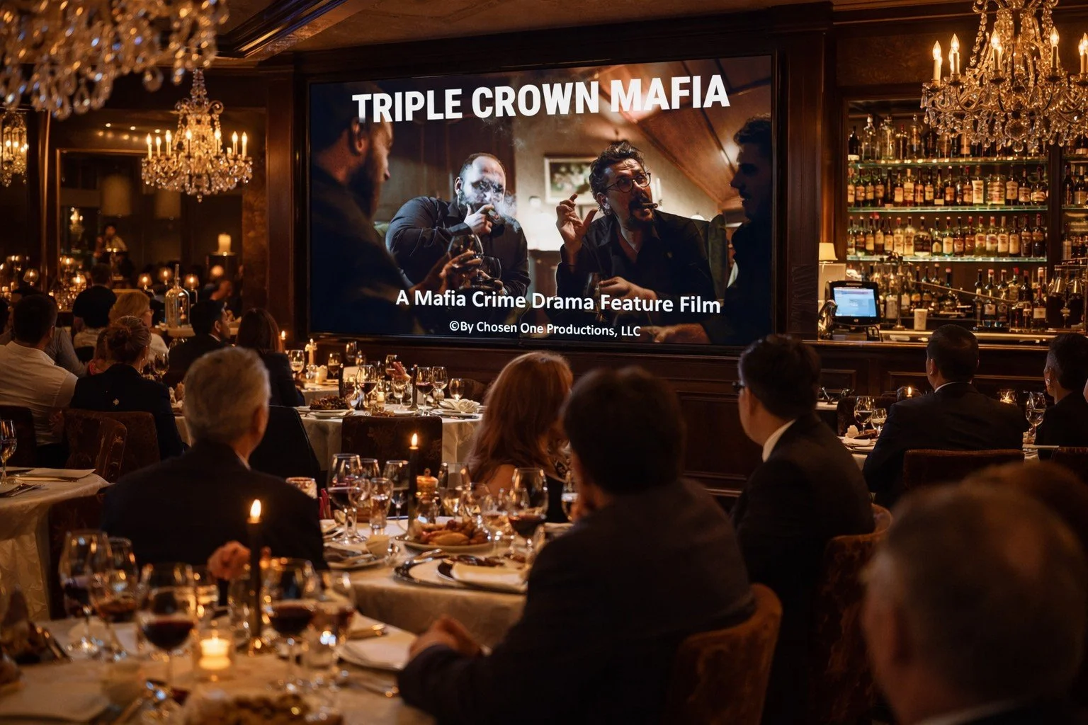 People attending a dinner event watching a mafia crime drama film called 'Triple Crown Mafia' on a large screen in a restaurant or banquet hall with chandeliers and wood-paneled walls.