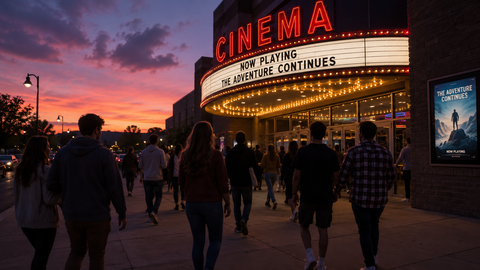People walking in front of a theater with a bright sign at sunset