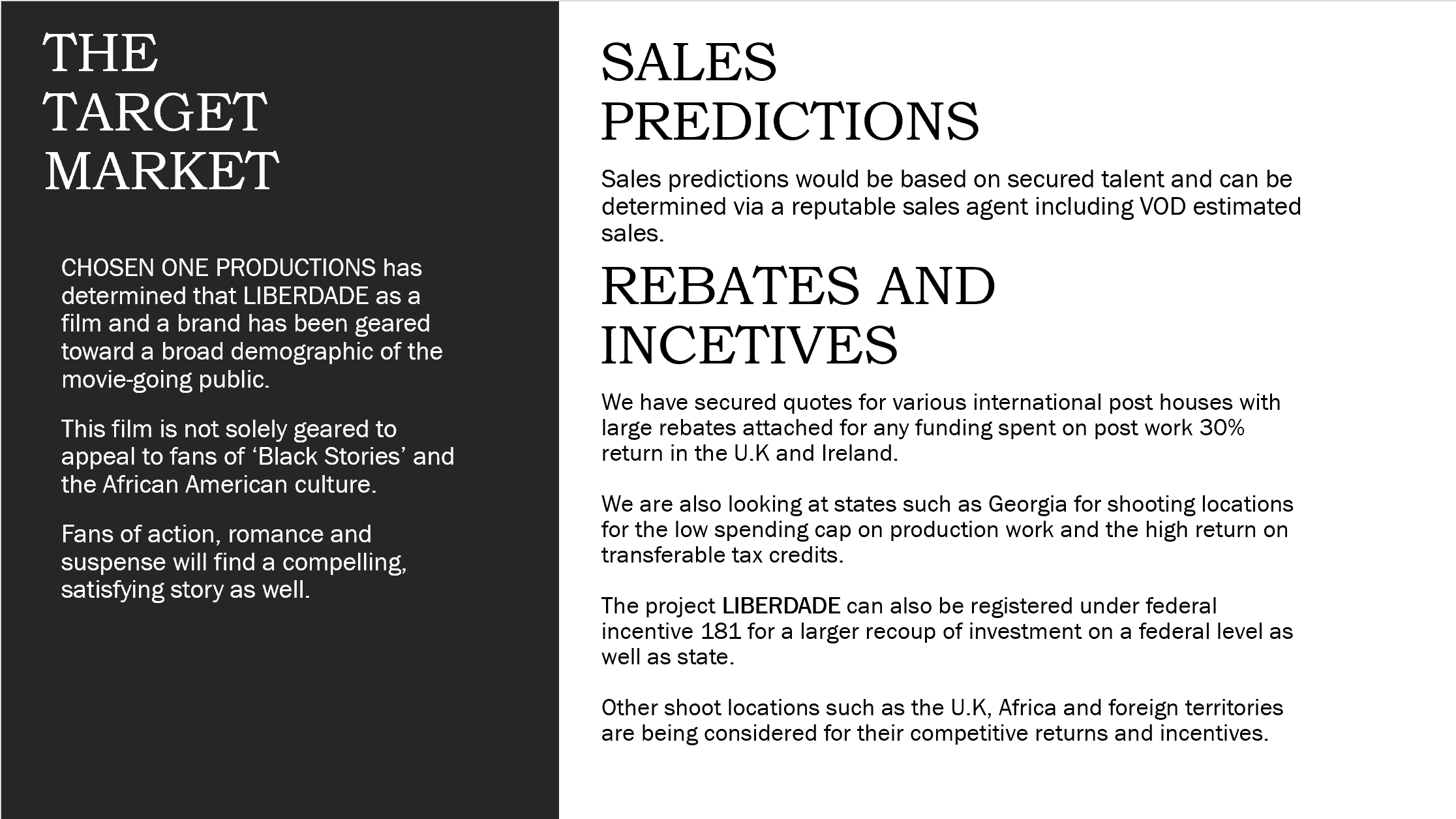 Text document titled 'The Target Market' and 'Sales Predictions, Rebates and Incentives' with paragraphs discussing film production, audience targeting, sales predictions based on talent, and incentives for international post houses, referencing Georgia for shooting locations.
