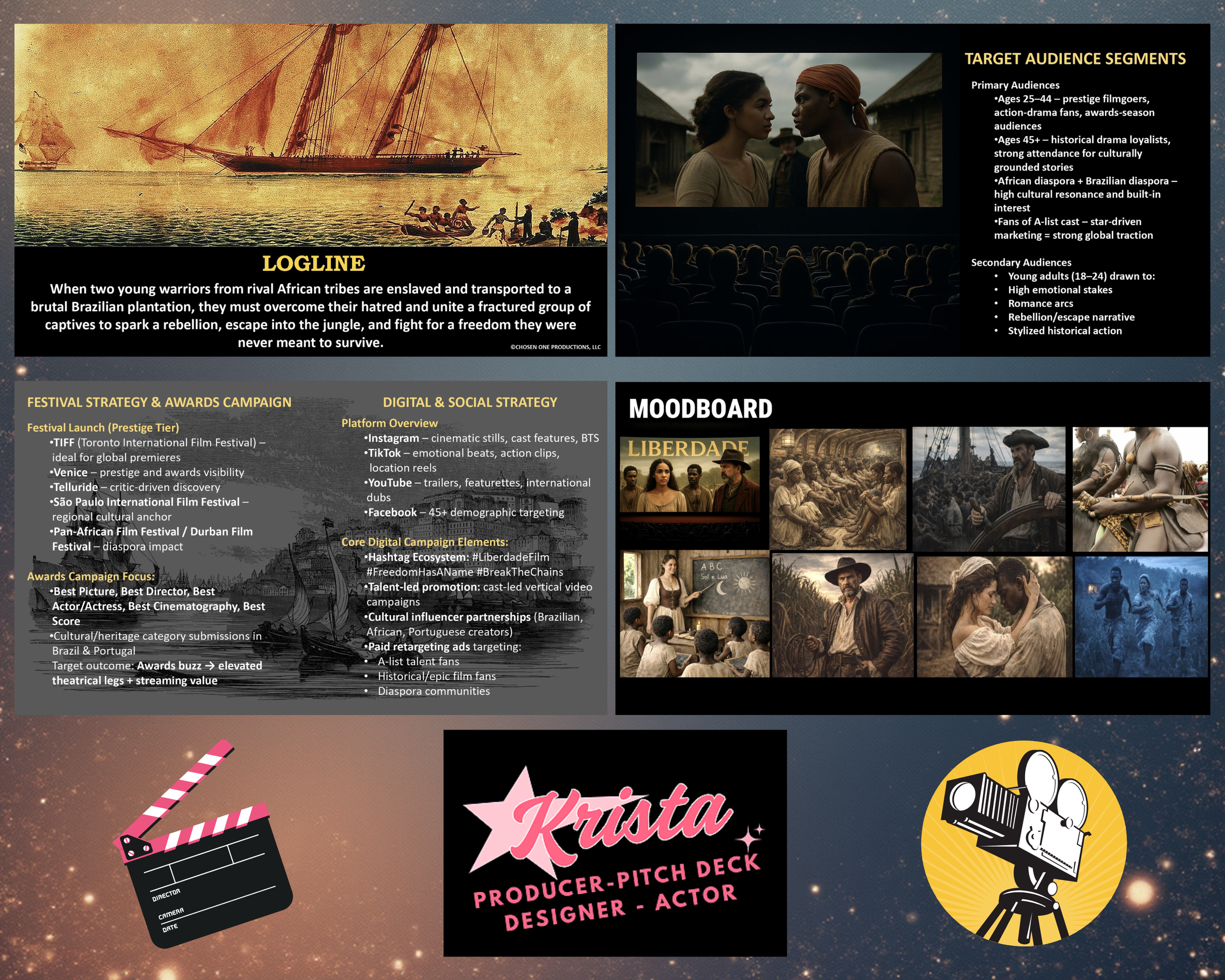 Multiple digital screens display various promotional content for films, festivals, and campaigns, including images of scenes from movies, actors, and behind-the-scenes of film production.