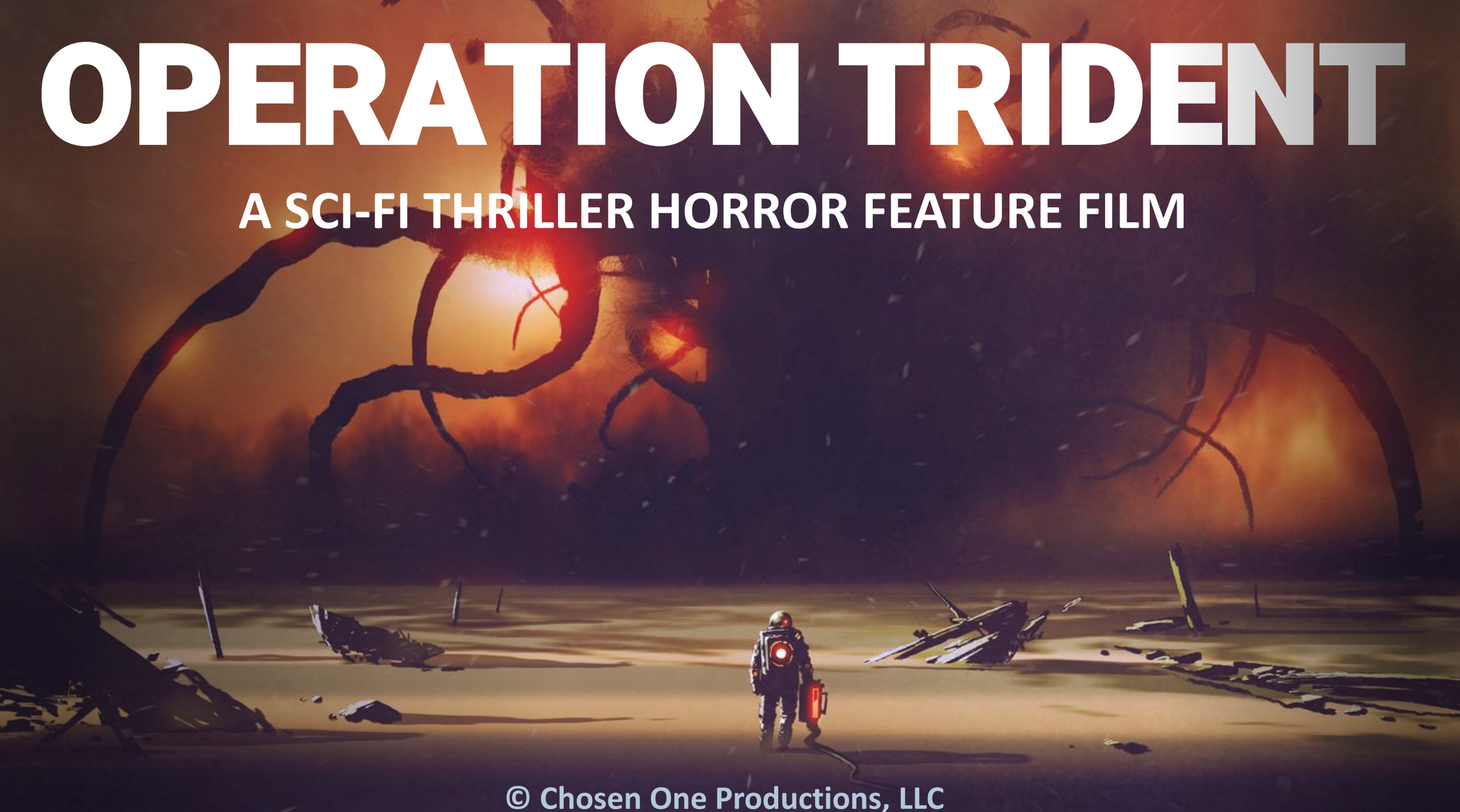 A sci-fi horror pitch deck cover titled 'Operation Trident' with a spaceship in a landscape with destroyed wreckage, a person wearing a suit and helmet, and a large menacing creature with tentacle-like appendages in the background.