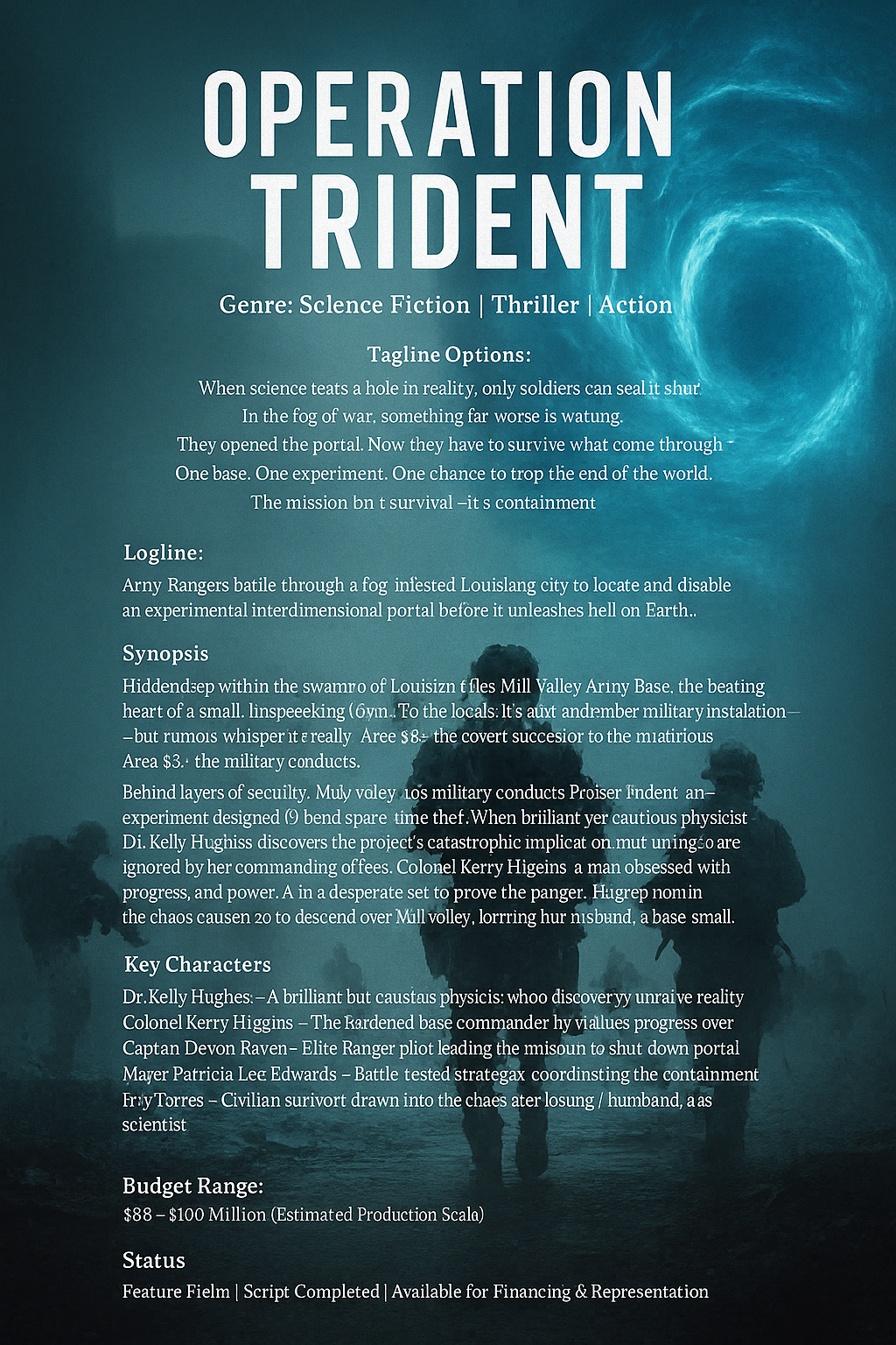 Treatment for 'Operation Trident', a science fiction thriller action film, featuring a foggy military base with soldiers in the background darkened by fog, overlaid with descriptive text about the film's plot, characters, budget, and status.