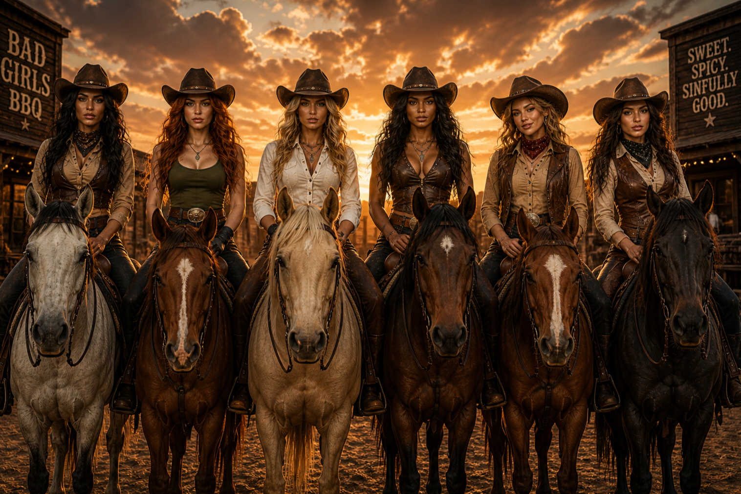 Six women dressed as cowgirls in western attire, riding horses in front of a sunset at a western-themed town with signs reading 'Bad Girls BBQ' and 'Sweet. Spicy. Sinfully Good.'