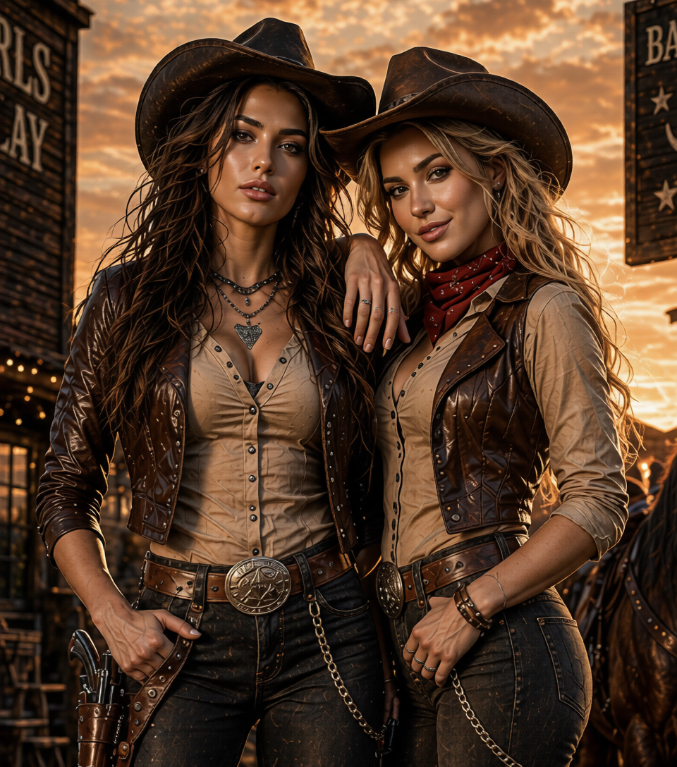 Two women dressed as cowgirls in Western attire, wearing cowboy hats, standing side by side at sunset.