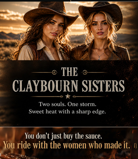 Two women in cowboy hats and rugged clothing with a sunset in the background, promoting "The Claybourn Sisters" with a tagline about their strong, fiery personalities.
