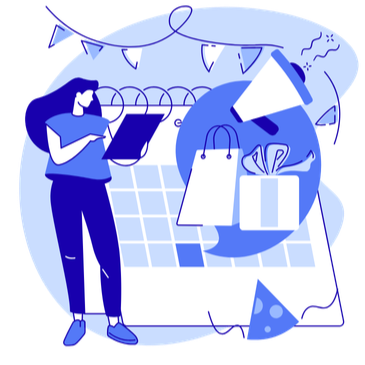 Illustration of event planner looking at check list, with calendar and decor in the background and foreground.