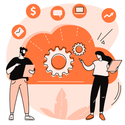 Illustration representing operational systems that deal with mail, money, talking, computers, growth and the cloud.