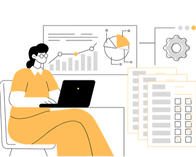 Person sitting at desk with laptop computer and looking at spreadsheets and checklists and charts.