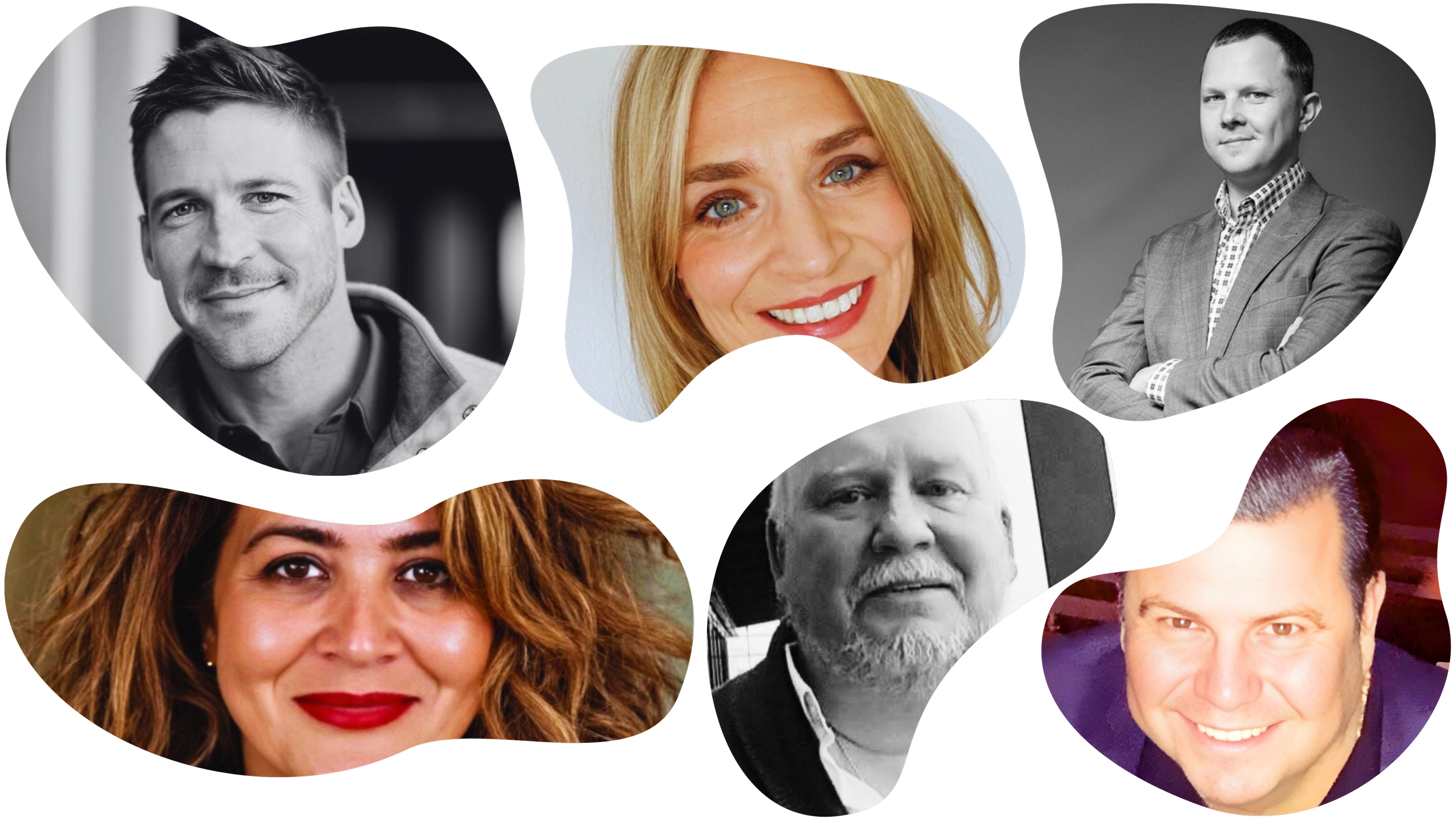 Collage of six headshots of diverse individuals, some in black and white, some in color, with various backgrounds.