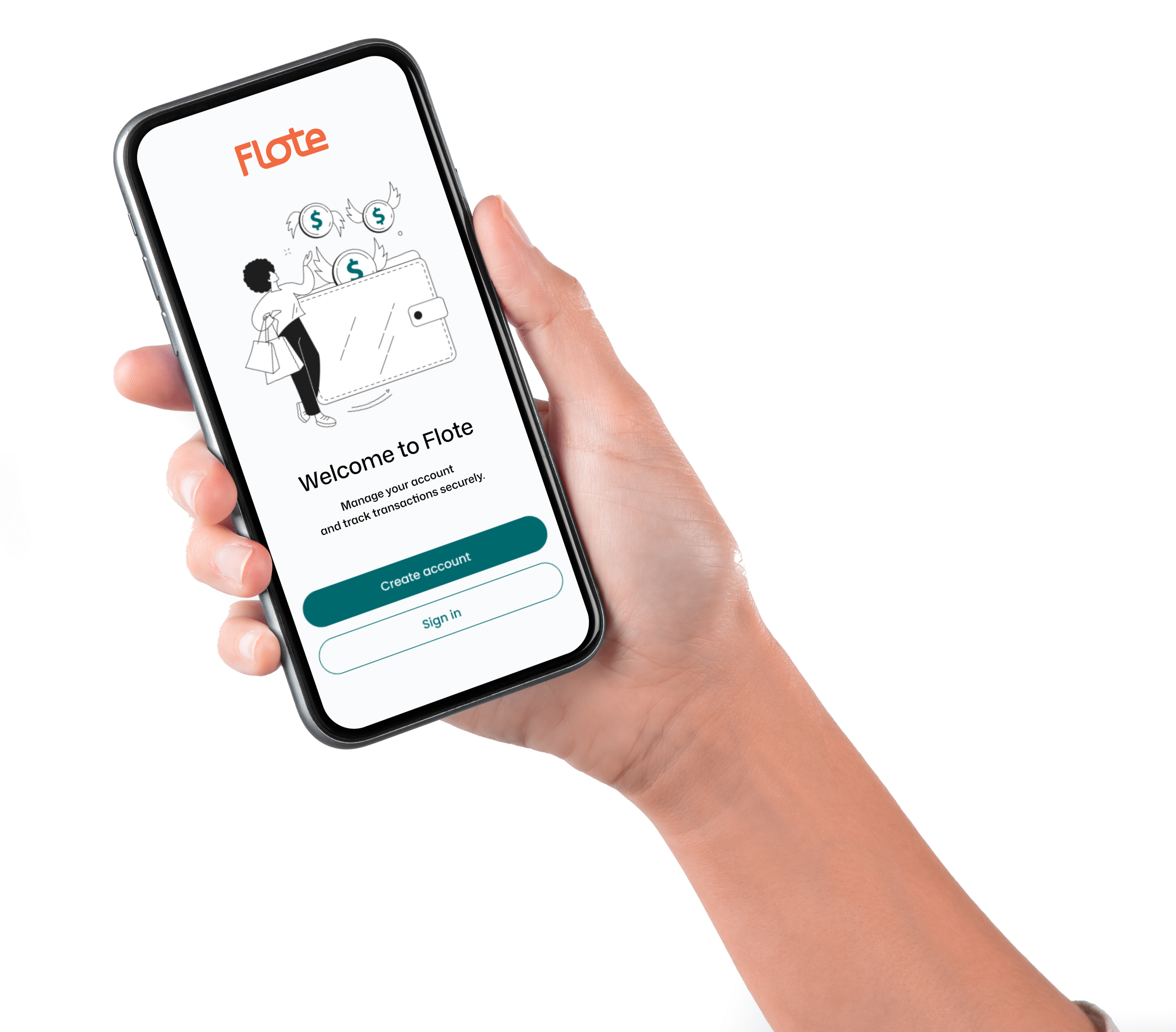 A hand holding a smartphone displaying the Flote app login screen with options to create an account or sign in, and a graphic of a person with flying dollar signs and an open wallet.
