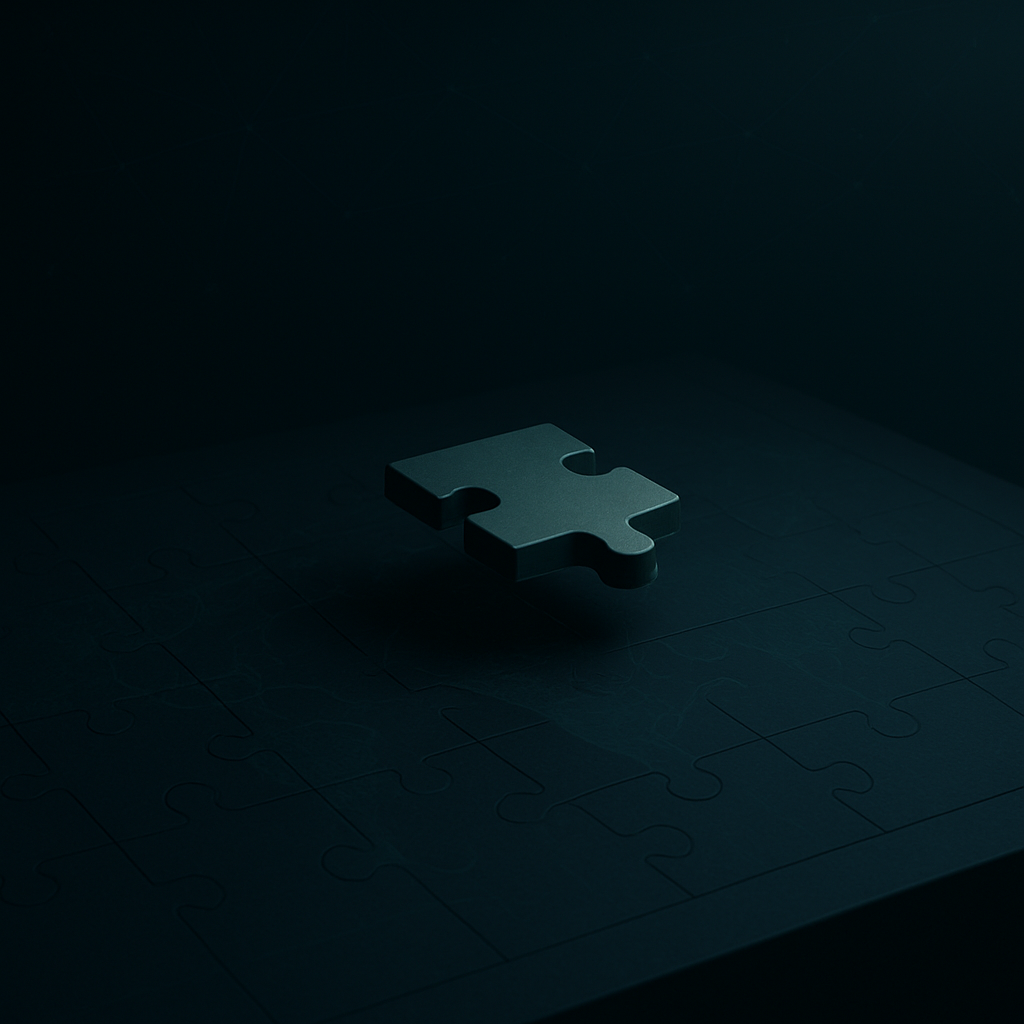 A single dark puzzle piece floating above a dark puzzle layout on a surface with a dark background.