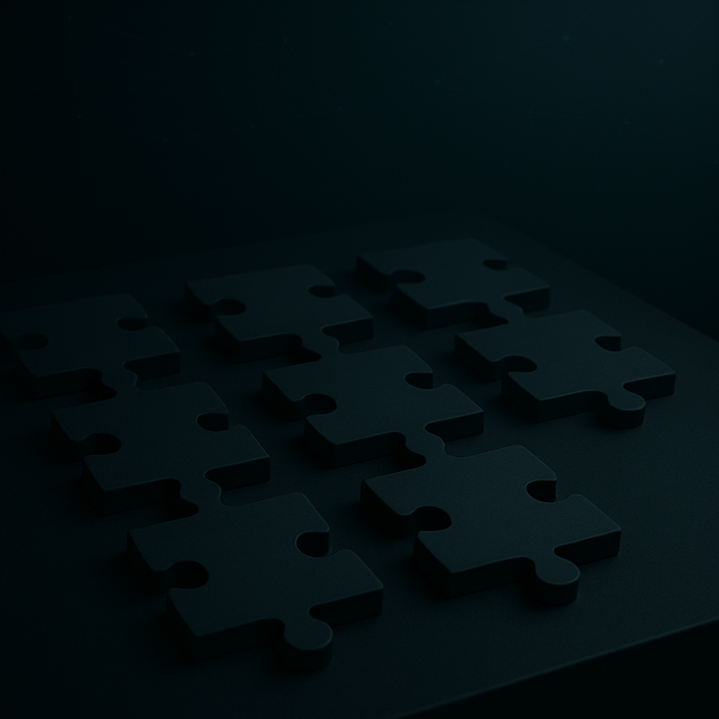 Dark puzzle pieces arranged on a surface under dim lighting.