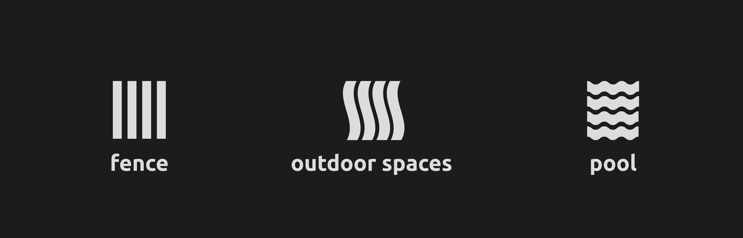 Graphic showing three icons labeled 'fence', 'outdoor spaces', and 'pool' with corresponding simple line illustrations.