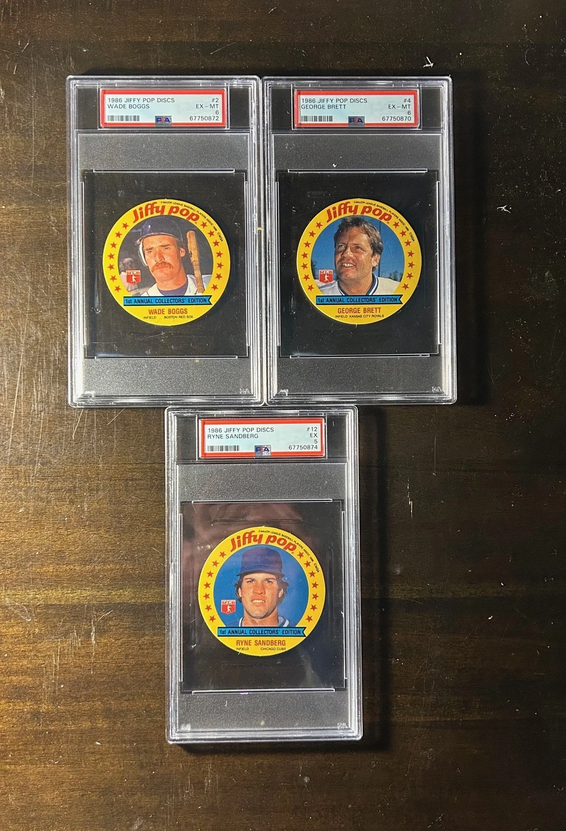 5x10: Lot of (3) 1986 Jiffy Pop Discs, PSA 5 and 6; HOFers Boggs/Brett/Sandberg
