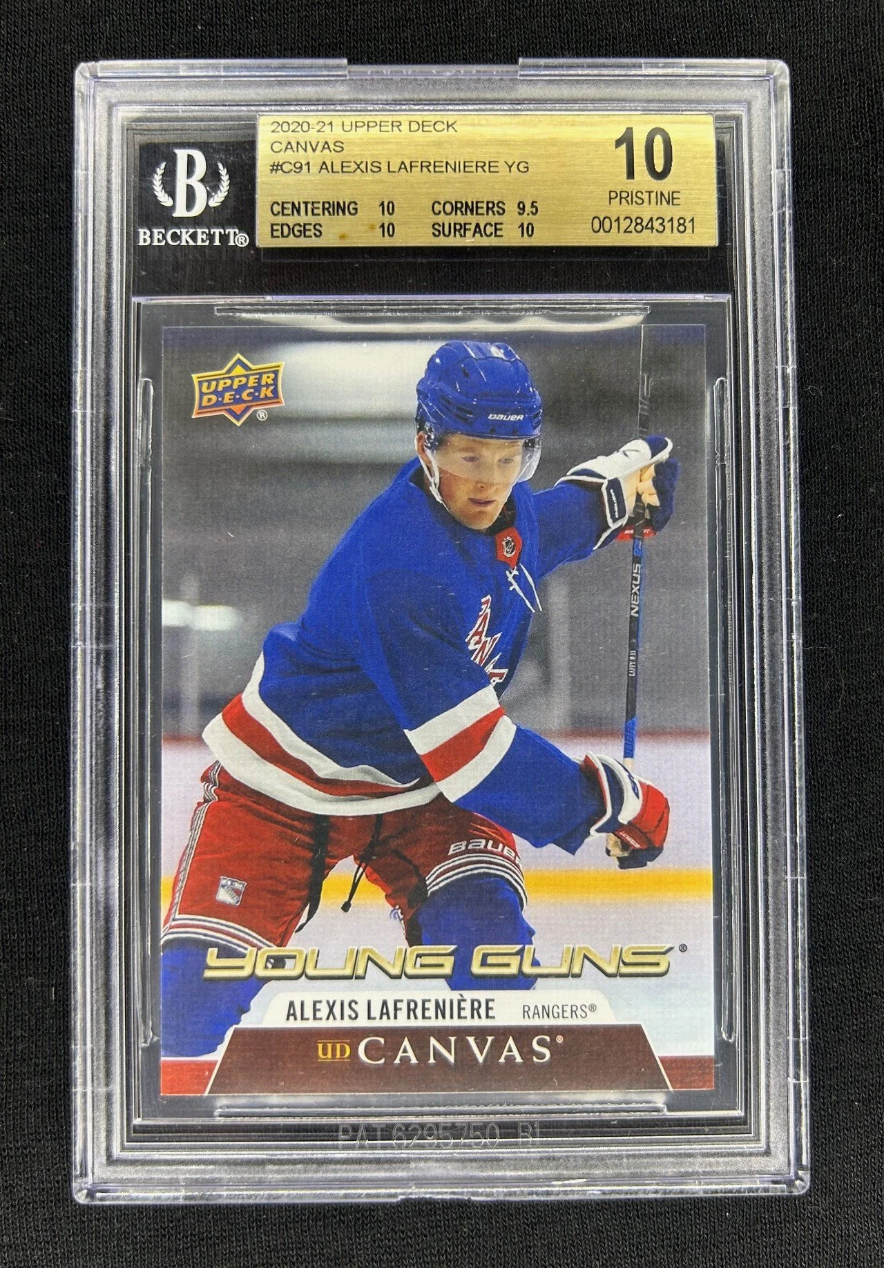 5x3: 2020-21 Upper Deck #C91, BGS 10 (Pristine) - Alexis Lafreniere RC, Young Guns, Canvas