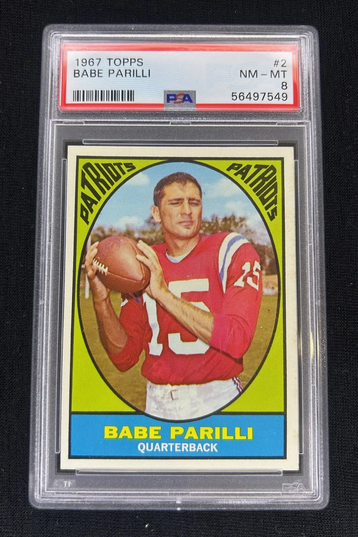 5x4: 1967 Topps #2, PSA 8 - Babe Parilli (Boston Patriots)