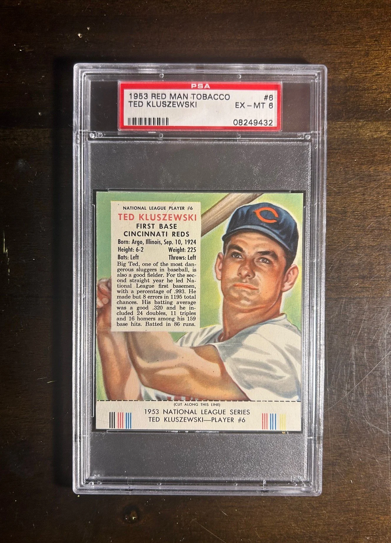 5x5: 1953 Red Man Tobacco #NL6 w/ tab, PSA 6 - Ted Kluszewski (Cincinnati Reds)