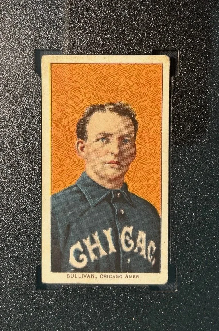 Vintage baseball card of a young man wearing a dark jacket with 'CHICAGO' written on it. The card has an orange background and the bottom reads 'SULLIVAN, CHICAGO AMER.'