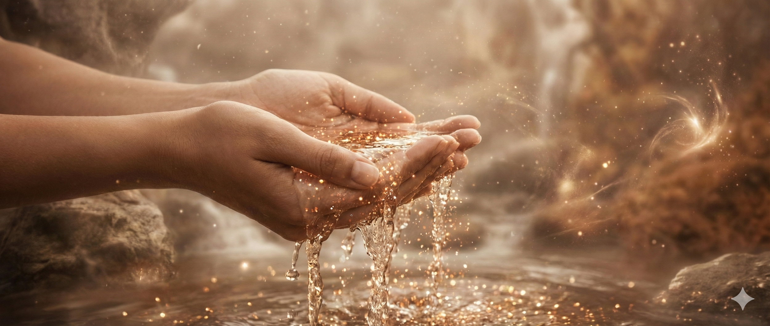 Hands cupping water with golden sparkles and a dreamy, magical background.