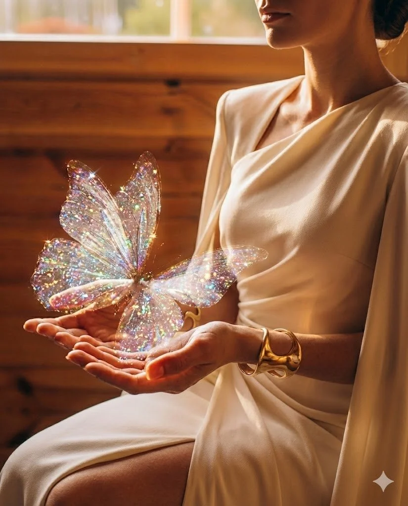 A woman in a cream-colored dress sits with her hands cupped, holding a glowing, sparkling butterfly with iridescent wings.