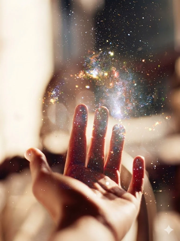 A person's outstretched hand with fingers open, reaching towards a cosmic display of stars and nebulae in the background, creating a surreal, dreamlike scene.