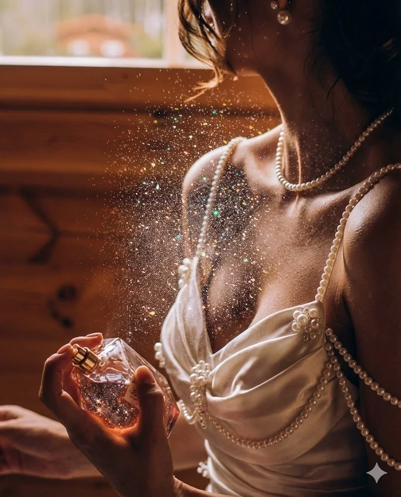 A woman in a white dress with pearl embellishments holding a perfume bottle, with sparkling particles dispersing from it, inside a warmly lit room.