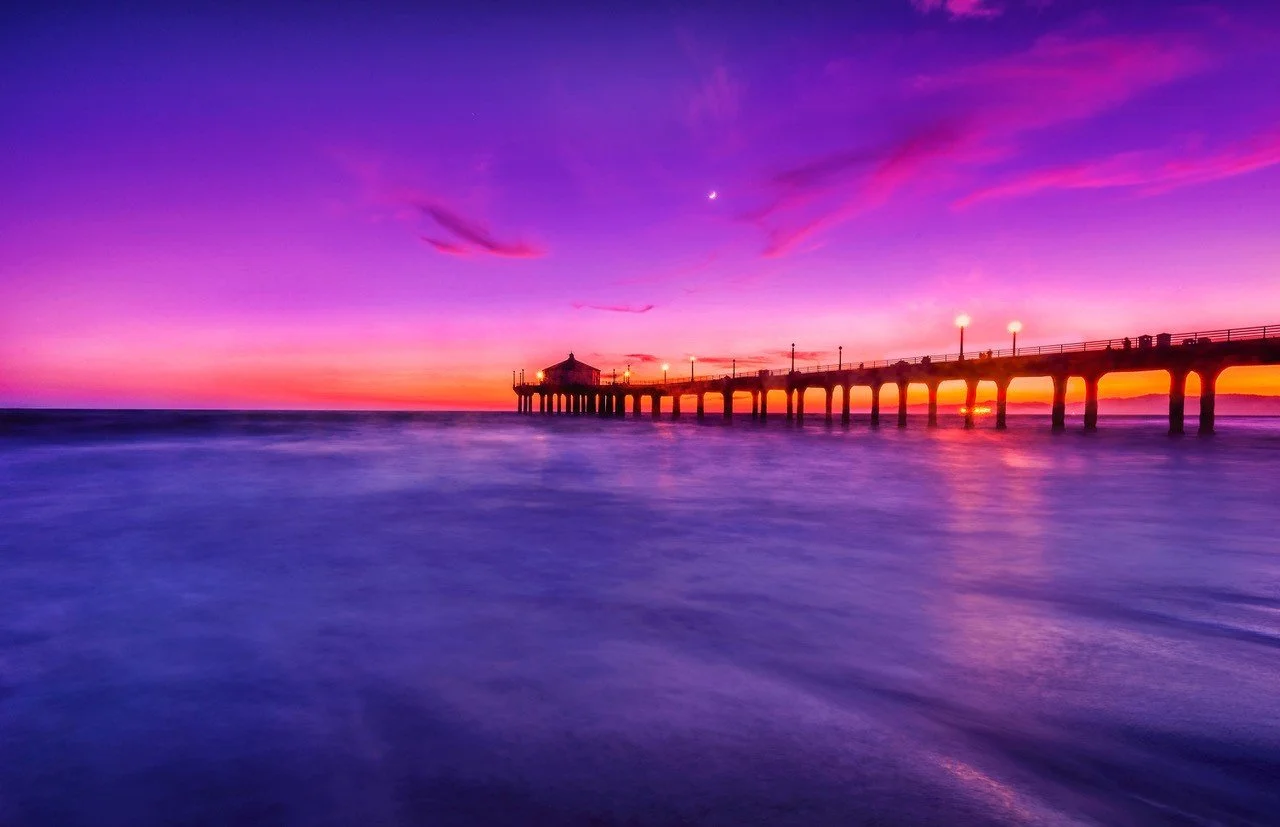 Purple and orange sunset over Malibu Pier