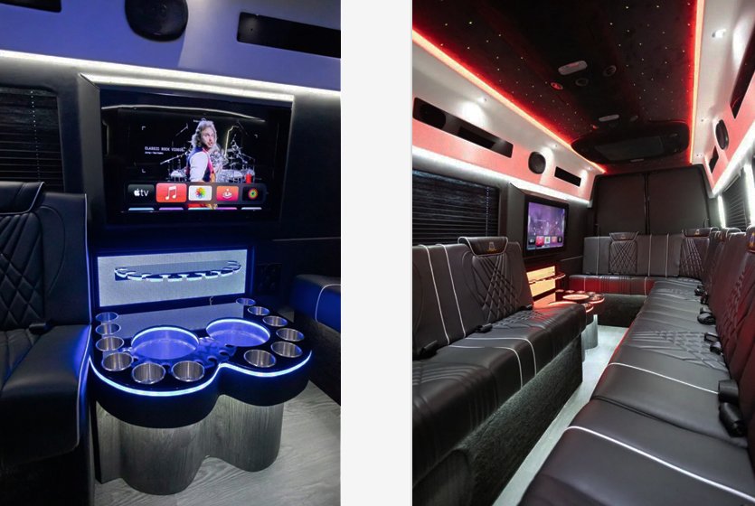 Ghost Sedan's Sprinter 14-passenger Party Van interiors
