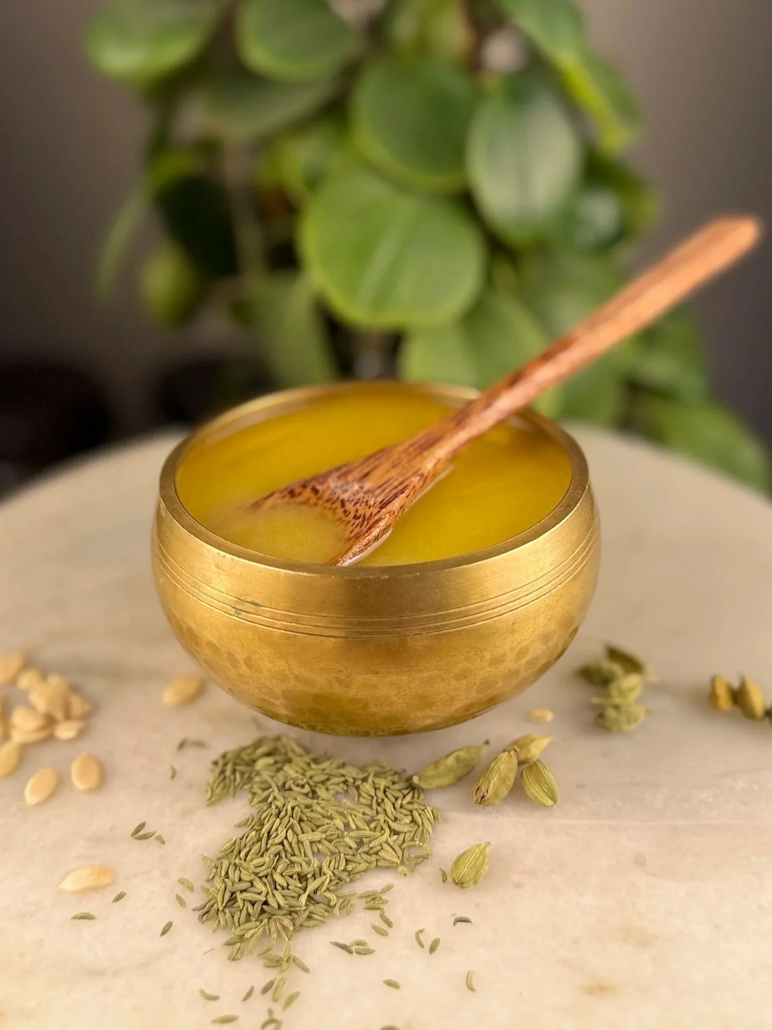 A golden singing bowl filled with yellow liquid, with a wooden stick resting inside. Around the bowl are scattered fennel seeds, cardamom pods, and oats, with green plant leaves in the background.