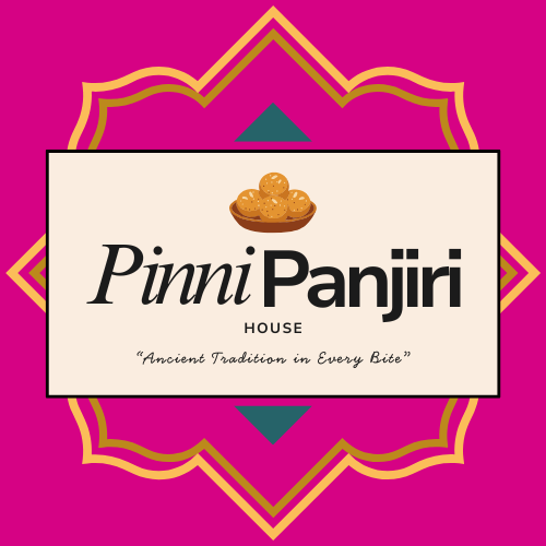 Logo for Pinni Panjiri House featuring an illustration of a bowl of panjiri and the tagline "Ancient Tradition in Every Bite" on a pink decorative background.