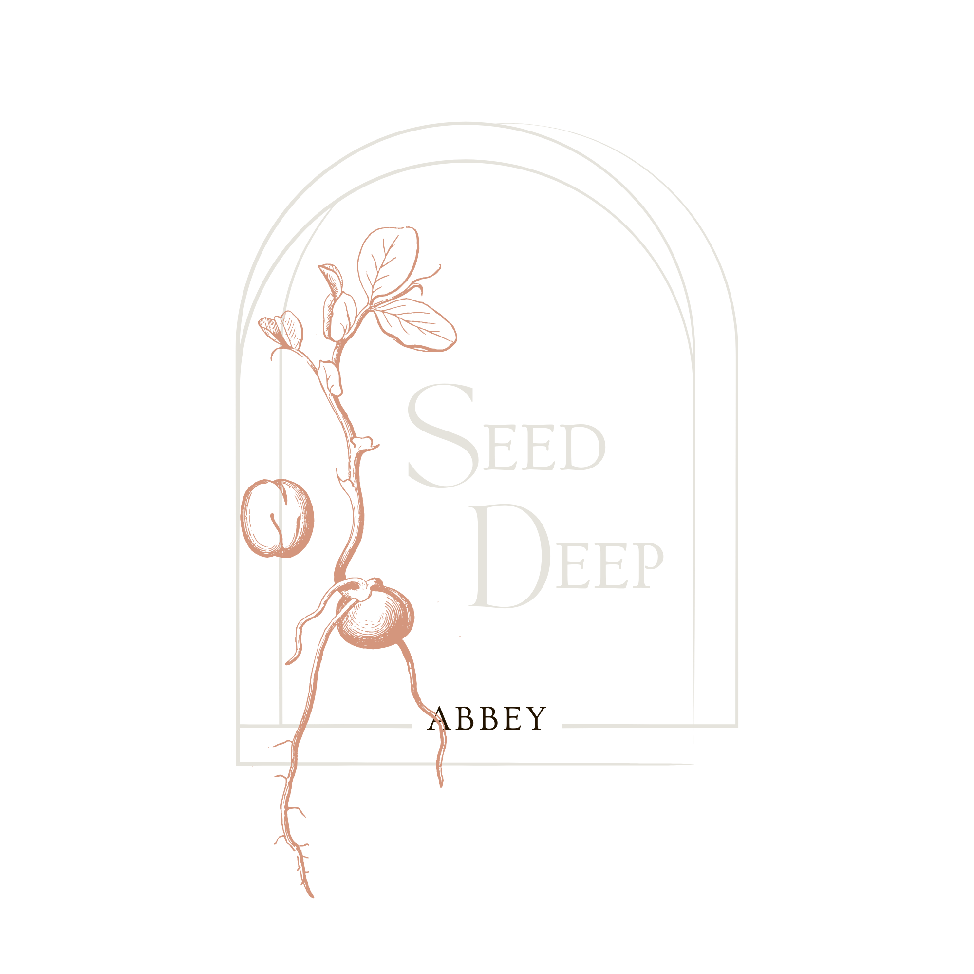 A logo for 'Seed Deep Abbey' featuring a stylized plant root with leaves, inside an arched frame on a black background.