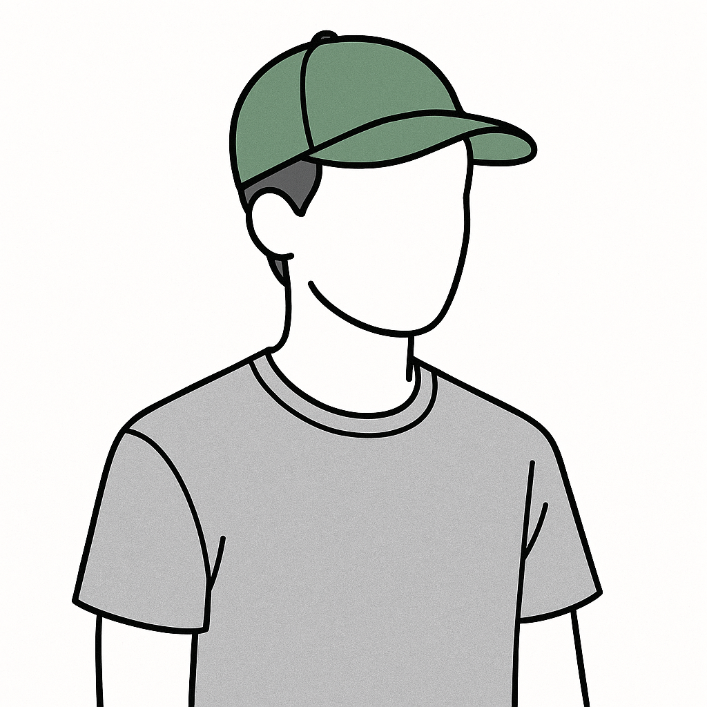 Line drawing of a person wearing a green baseball cap and a gray t-shirt, with the face not showing.
