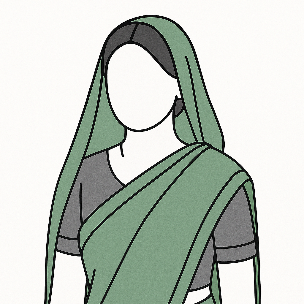 An illustration of a woman wearing a green sari with a black blouse, no face visible.