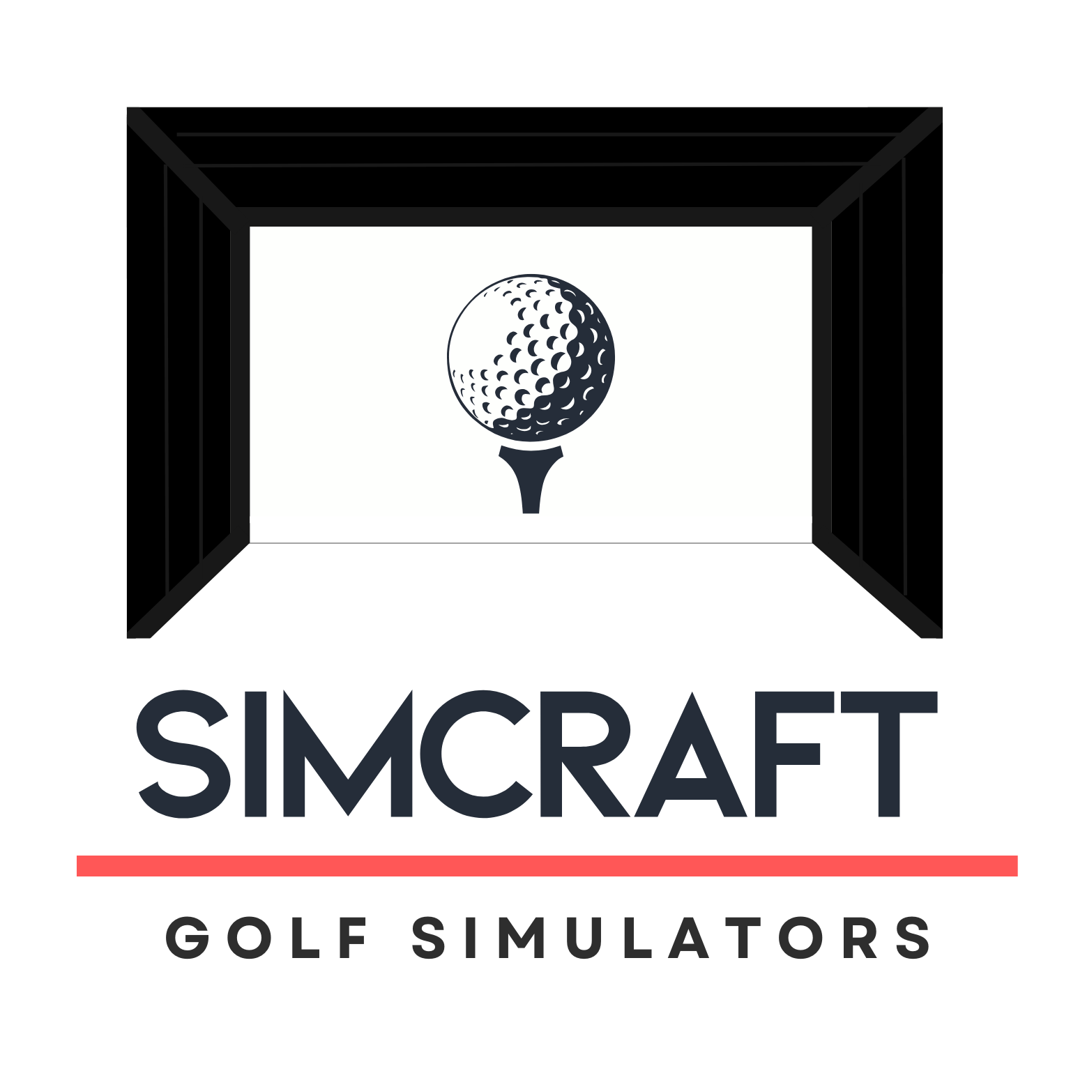 Logo for SimCraf a golf simulator company, featuring a golf ball in a room and the words 'SimCraf Golf Simulators'.