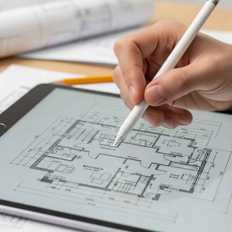 Person using a white stylus to mark a blueprint or floor plan of a house on a tablet.
