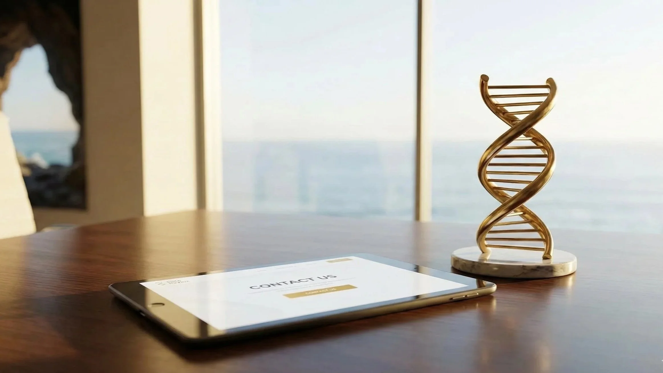 A gold helix sculpture and a tablet showing the Elite Redox 'Contact Us' page on a desk with an ocean view, representing the clinic's telehealth services for longevity and performance.