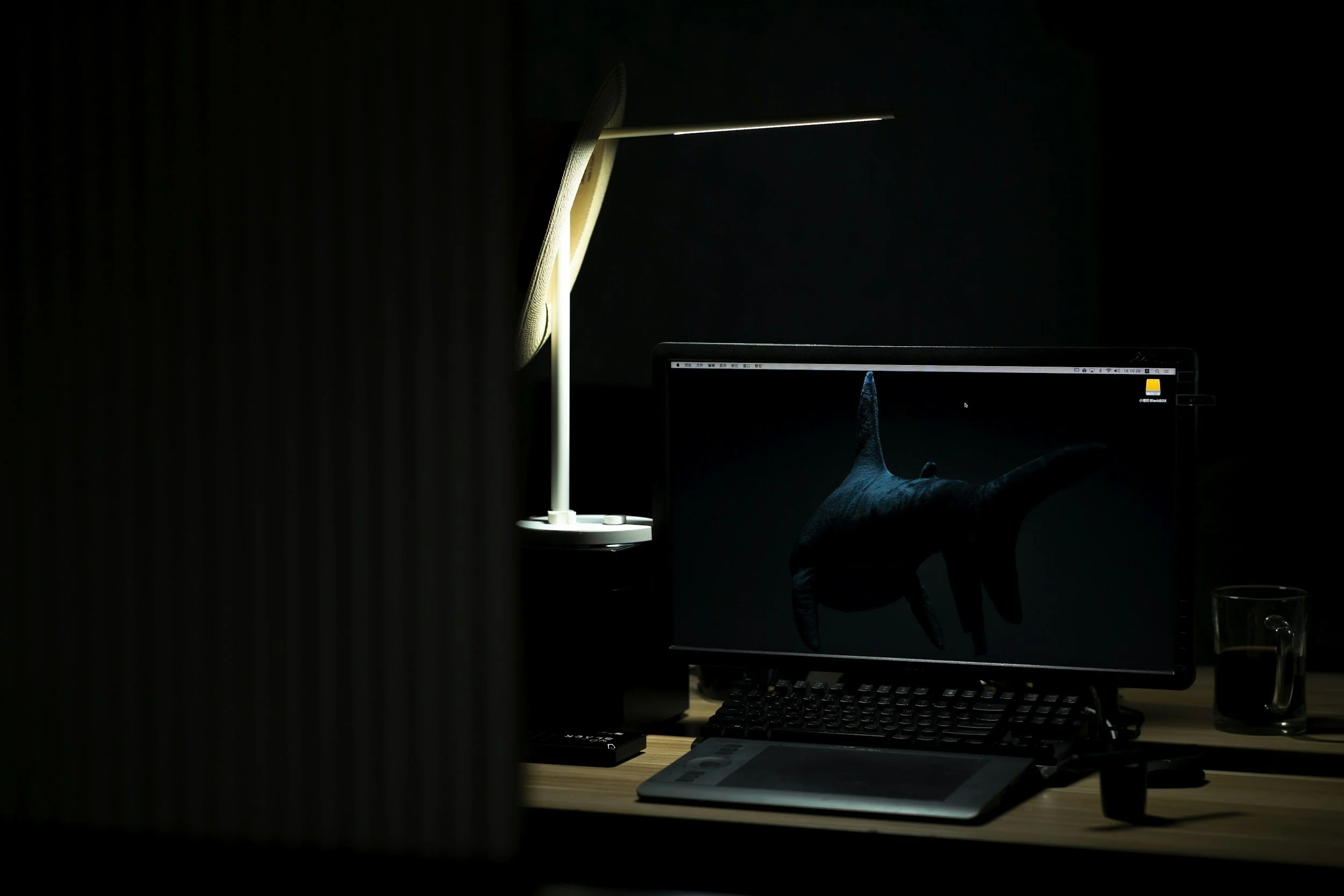 A dimly lit computer desk with a monitor displaying a dolphin, a keyboard, a graphics tablet, a white desk lamp, and a cup on a wooden surface.