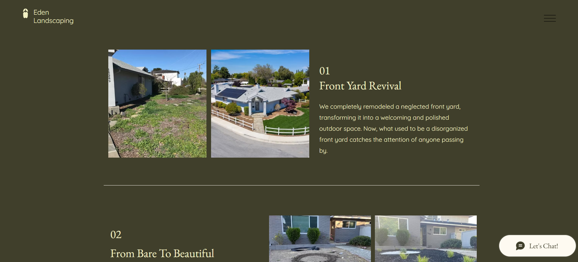 Comparison of a neglected front yard before and after remodeling, showing overgrown grass and weeds on the left and a polished lawn with a white fence and landscaped garden on the right.