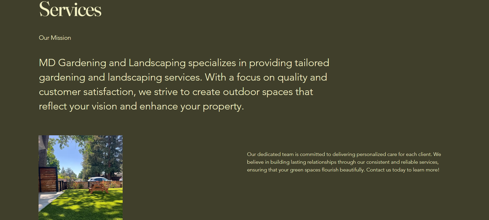 Screenshot of a landscaping company's services page with a photo of a backyard lawn, trees, and a picnic table.