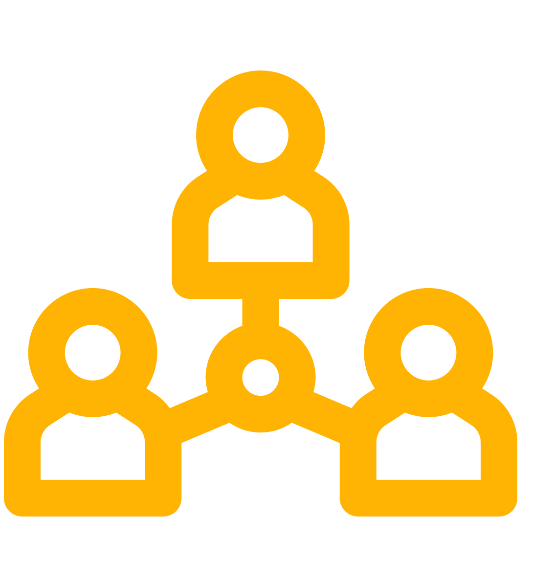 Icon depicting a network of three connected people, shown as simple yellow outlines of human figures with a black background.