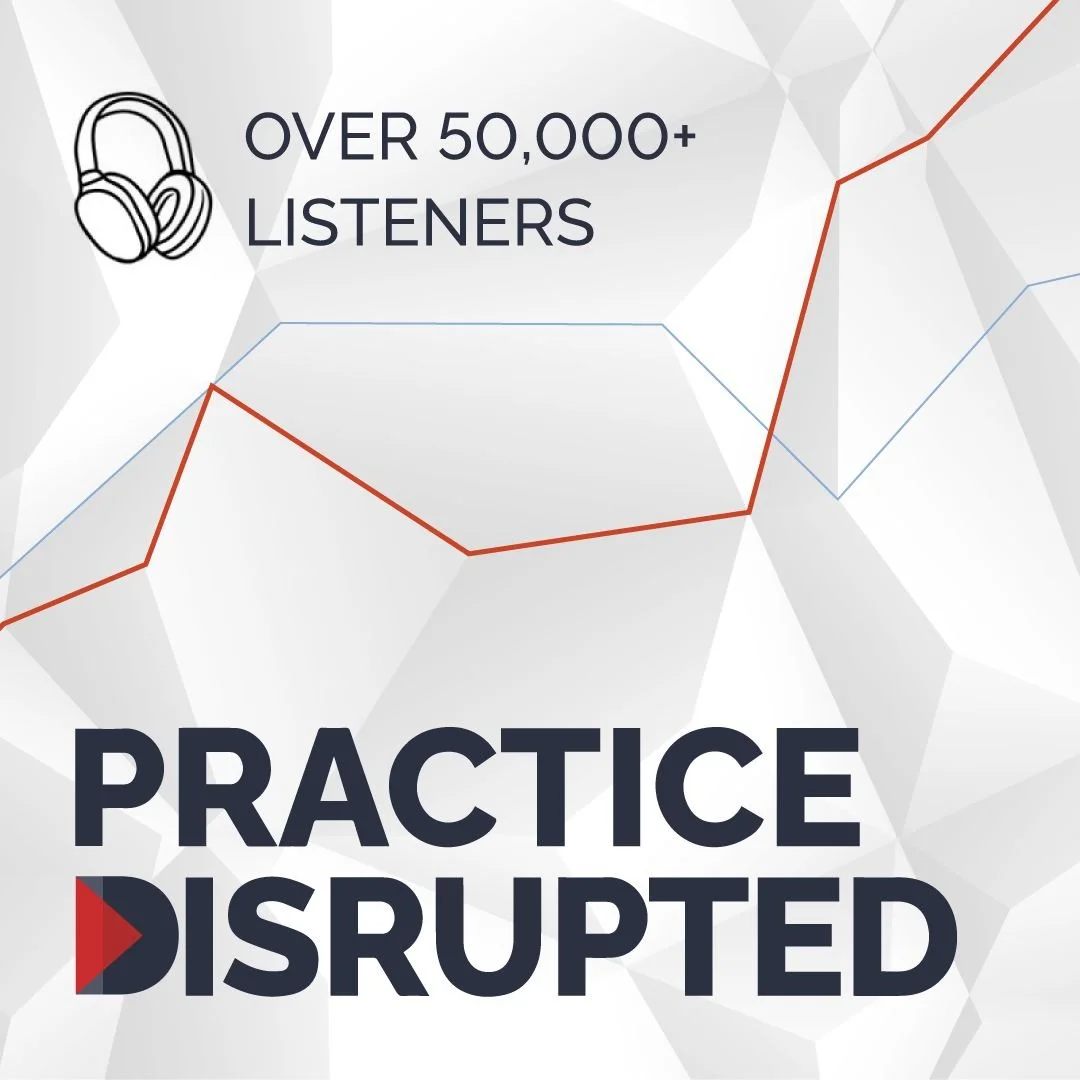 A digital graphic with the text 'Over 50,000+ Listeners' and 'Practice Disrupted'. It features a line graph with red and blue lines, and an outline of headphones in the top left corner on a gray geometric background.