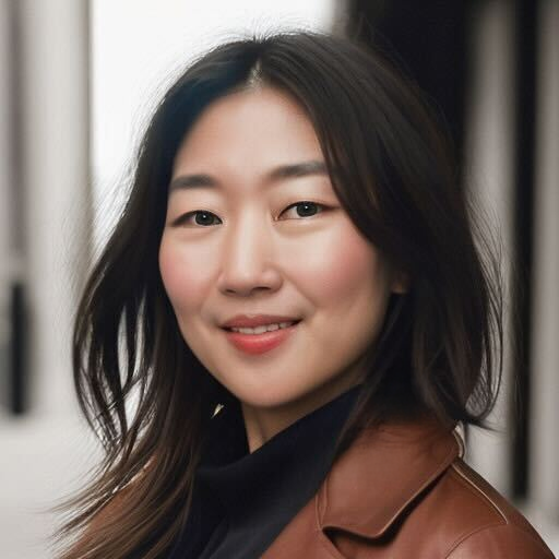 A young woman with shoulder-length dark hair, smiling and wearing a black top with a brown jacket, standing indoors.