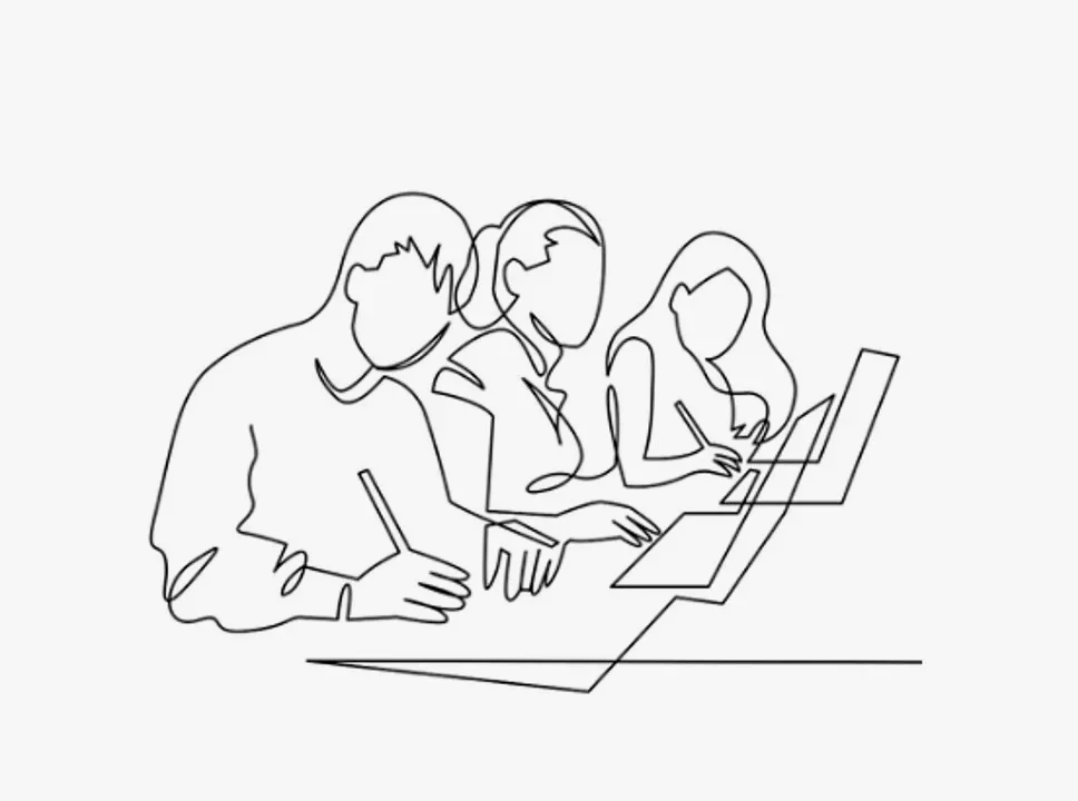 Line drawing of three women working on laptops and taking notes.