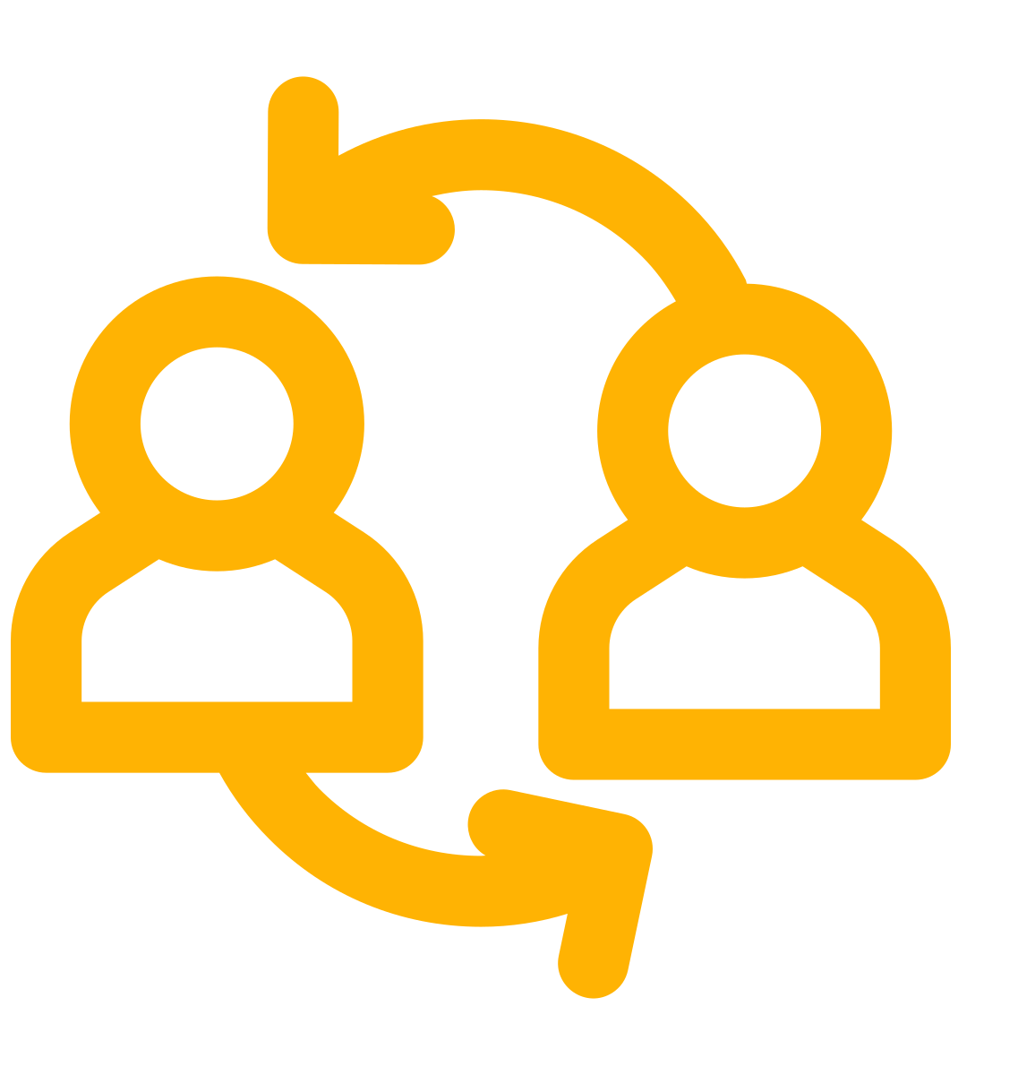 Icon of two people connected by arrows forming a circle, representing sharing or transfer.