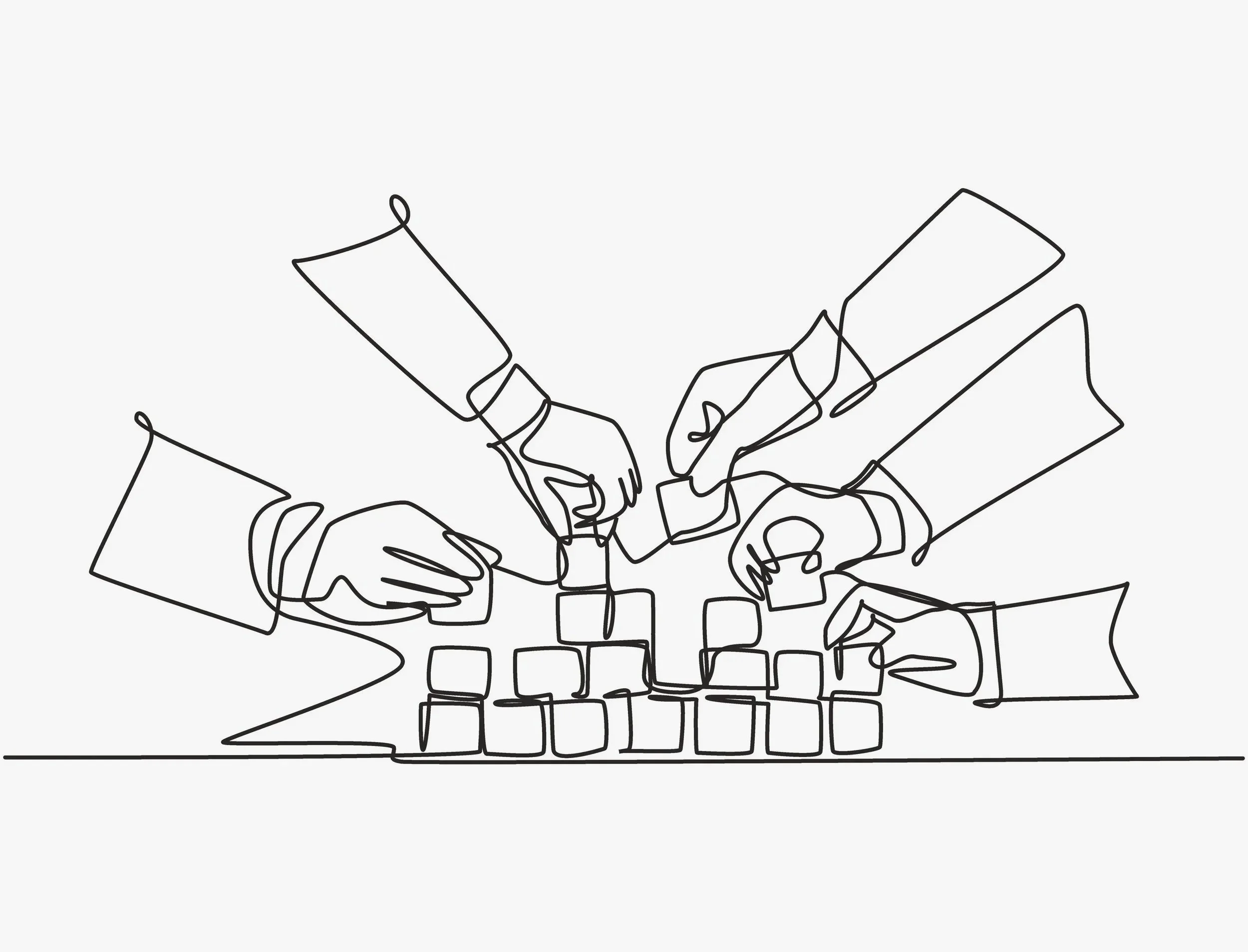 Line drawing of multiple hands stacking building blocks.