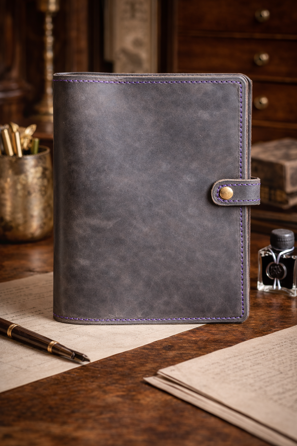 A5 Six-Ring Leather Binder in Hopper Grey | Handmade Leather Planner (Ready to Ship)