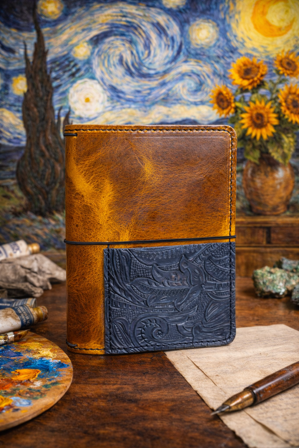 A leather journal with embossed cover design on a wooden table in an artist's studio, with a paint palette, paint tubes, a pen, and a beige cloth in the foreground, and a Vincent van Gogh sunflower and starry night backdrop.