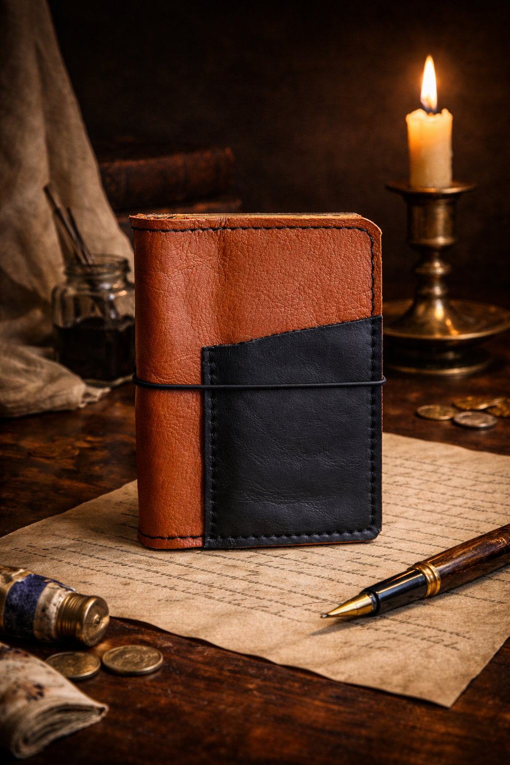 A vintage-inspired scene featuring a leather-bound journal with a black elastic band, a gold and black fountain pen, and various coins on aged paper, illuminated by a flickering candle on a brass holder.