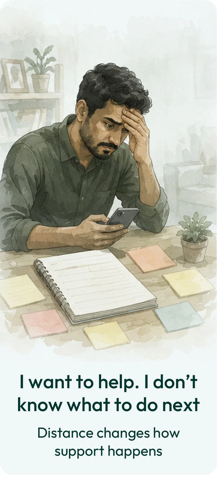 Concerned adult son looking at his phone while planning care for an ageing parent, illustrating the uncertainty families face when making decisions about elderly care and support from a distance.